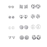 Zealmer Ear Studs for Women Silver with Pearl Crystal Shape Round Heart Triangle Ball Love Knot 12 Pairs