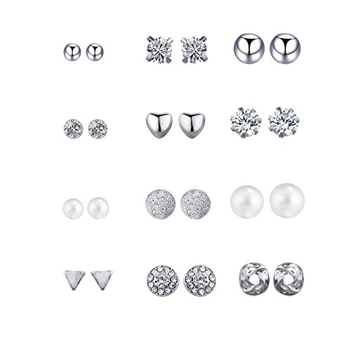 Zealmer Ear Studs for Women Silver with Pearl Crystal Shape Round Heart Triangle Ball Love Knot 12 Pairs
