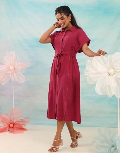 Image of Amazon Brand - INKAST Women Wide Shirt Collared Solid A -line Bottun Down Maxi Dress with Tie Belt | Flared Short Sleeve Summer Outfits | 100% Cotton | Casual Wear | One Piece