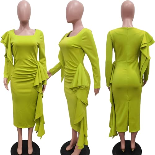 Women Vintage Bodycon Dress Ruffle Ruched Long Sleeve Cocktail Party Work Pencil Midi Dress4