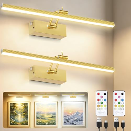Image of 16inch Picture Lights for Wall, 5200mAh Battery Operated Art Light with Remote, Dimmable 6 Color Temperature Metal Lights for Pictures On Wall for Living Room Bedroom Hallways Gold 2 Pack