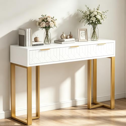 Mesa auxiliar de consola TerraVibe para exteriores para el balcón o vestíbulo, mesa auxiliar dorada con marco metálico, mesa estrecha de balcón, cómoda para el vestíbulo, estrecha, aparador, pequeña