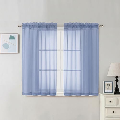 Image of Chyhomenyc Sheer Curtains 45 Inch Long 2 Panels - Light Filtering Short Soft Airy Short Cafe Curtains, Modern Rod Pocket for Dinning Living Room Bedroom, 42Wx45L Inches, Denim Blue