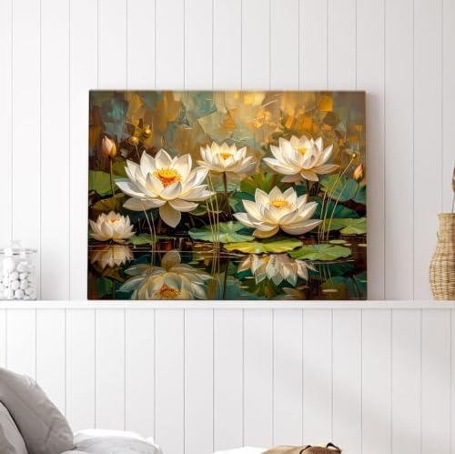 Image of ArtX White Lotus Painting For Wall Vastu, Canvas Painting for Living Room, Premium Floral Wall Painting, Gallery Wrapped, Home, Bedroom & Office Wall Decor | 45 x 58 cm
