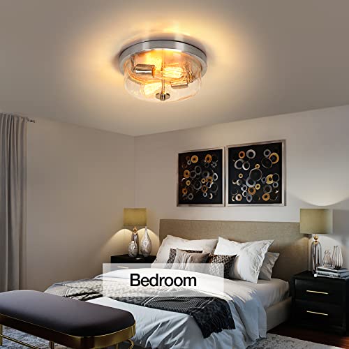 Brushed Nickel Flush Mount Ceiling Light 2-Light Outdoor Indoor Ceiling Light Fixtures, Seeded Glass Flush Mount Ceiling Light, Bathroom Flush Mount Ceiling Light For Porch, Entryway, Hallway, Bedroom #TOP4
