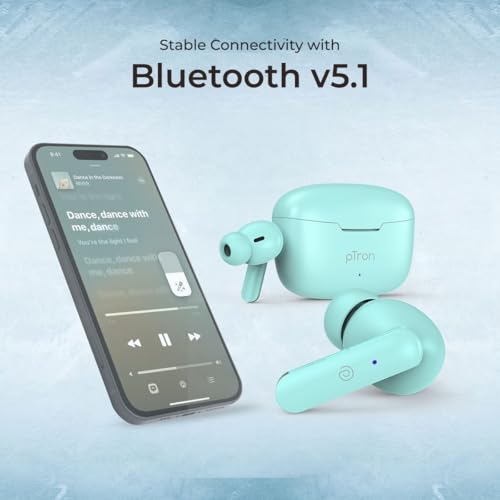 Image of pTron Basspods P81 in-Ear Wireless Earbuds, Pristine Sound, 32Hrs Playtime, Clear Calls TWS Earbuds, Bluetooth V5.1 Headphone, Type-C Fast Charging, Voice Assist & IPX4 Water Resistant (Mint Green)