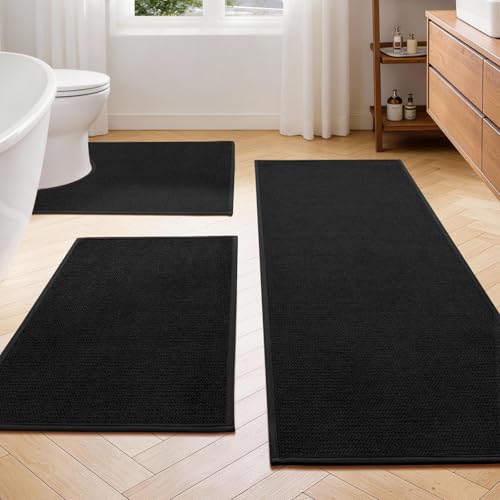 YIHOUSE Black Bathroom Rugs Sets 3 Piece Quick Dry Thin Bath Mat with Toilet Rug Non Slip Absorbent Machine Washable Bath Runner Rugs for Bathtub Sink Home Decor