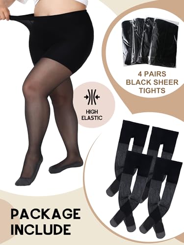Image of Chuarry 4 Pairs Plus Size Women's Sheer Pantyhose Silky Anti Slip Cotton Sole Socks Reinforced Toe Nylon Tights High Waist Stockings for Women, XX-Large, Black