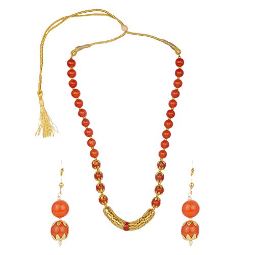 Efulgenz Boho Indian Bollywood Antique Faux Pearl Beaded Bridal Wedding Strand Statement Orange Necklace Earrings Jewelry Set