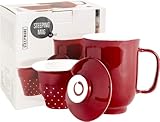 The Tea Spot Steeping Mug, 3-Piece Handcrafted Ceramic Tea Mug with Infuser & Lid, 16-Ounce, color: Cherry Red