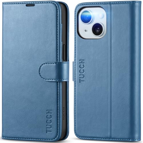 TUCCH Wallet Case for iPhone 15 (6.1") 2023, Magnetic Protective PU Leather Flip Folio Cover with [RFID Blocking][Credit Card Holders]Viewing Stand[Shockproof TPU]Compatible with iPhone 15, Lake Blue
