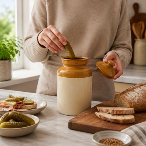 Image of Pure Source India Ceramic Pickle Jar with Lid | Airtight Ceramic Storage Container for Pickles, Chutney, Spices & Dry Snacks | Glossy Handmade Kitchen Storage Jar (3, litres)
