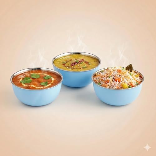 Image of Zaib Stainless Steel and Plastic Coated Microwave Safe Bowls | Multipurpose Storage Containers | No Lid | Capacity - 500 ML (14 CM- 6 Pcs Blue)