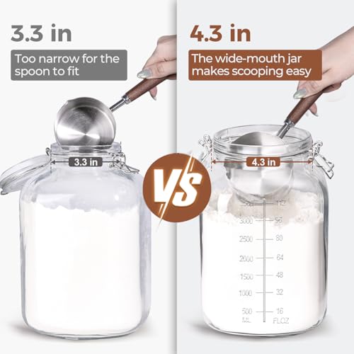Image of ComSaf Large Square Glass Food Jars 1.1 Gallon 2 Pack for Flour Sugar Rice | Airtight wire clamp lids, two 120 ml scoops, two labels and 4.3-inch extra-wide mouth, cereal and bulk pantry goods storage