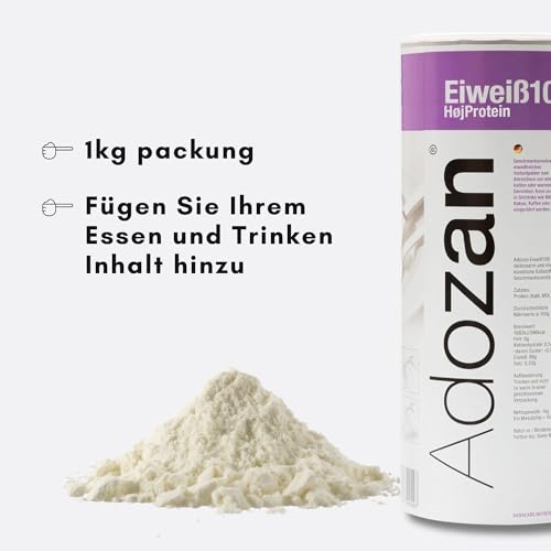 Adozan Eiweiß 100 | 99% Whey Isolate/Rind Protein Pulver auf 100g | Neutral, Ohne Zucker & Fett | Leicht Löslich, Geschmacksneutral Eiweißpulver für Diät, Bariatrische Ernährung & Regeneration | 1kg