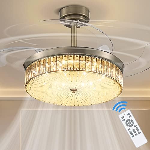 LODADRA Ceiling Fan with Light, 42 Inch Dimmable Fandelier Crystal Ceiling Fan with Light and Remote Control, 6 Speed Retractable Ceiling Fan with Reversible Motor for Bedroom Living Room