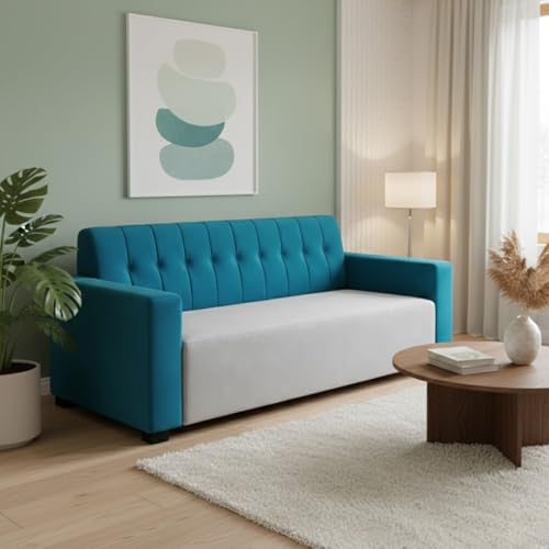 Image of FURNY Luxora 2 Seater Fabric Sofa Set (Aqua Blue-Light Grey) with Velvet Finish | Durable Comfort | Ideal for Living Room | Breathable material