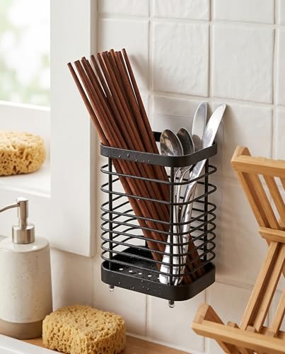 Image of Draining Holder, Utensil Drying Rack Stainless Steel Wall Mount No Drilling Black Small 300ml for Kitchen Chopsticks (Black S(300ml))