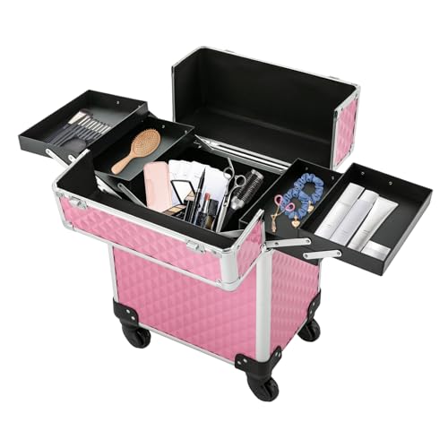 Maletín de maquillaje con ruedas, carrito de cosméticos, maletín de maquillaje con espejo, con 4 ruedas de 360°, 34 x 24 x 41 cm, estuche de maquillaje profesional, vintage, organizador de cosméticos - imagen 4