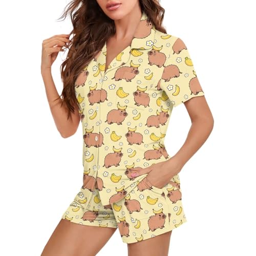 Image of Women's Short Sleeve Sleepwear Button 2 Piece Plus Size Pajamas Casual Soft Stretchy Funny Nightwear with Pockets