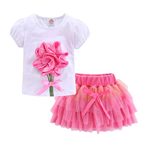 LittleSpring Baby Girls Outfits Summer Cute Short Sleeve Flower Tutu Skirt Set for Kids Pink 12-18 Months