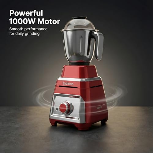 Image of indicon Thar 1HP (1000 Watts) Mixer Grinder, 3 Jars, Red | Heavy Duty Copper Motor for Grinding, Blending & Mixing | Stainless Steel Blades, Multi-Speed, Durable Kitchen Power Tool