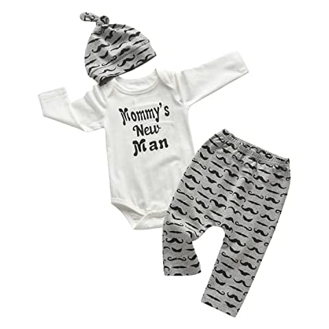 Newborn Baby Boy Clothes Letter Print Romper + Pants + Hat 3Pcs Outfits Set, Grey, 0-3 Months Cover