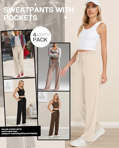 4 Pack Women's Yoga Lounge Pants Wide Leg Sweatpants Loose Jogging Pockets Drawstring Lightweight Pull on Pajamas4