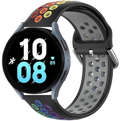Pailebi Rainbow Sport Straps Compatible with Samsung Galaxy Watch FE 40mm,20mm Silicone Bands Replacement for Galaxy Watch 7/6/5/4/Active 40mm 44mm(Black/Colorful,20mm) Cover