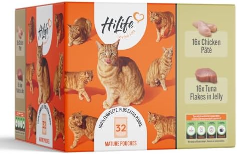 HiLife Mature Wet Cat Food for Senior Cats, Mixed Tuna & Chicken Recipes, Complete Senior Cat Food Pouches, 100% Natural & Grain Free (32 x 70g Pouches)