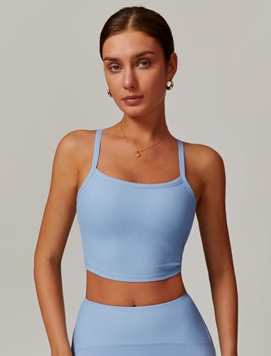 Image of Womens Scoop Neck Longline Sports Bras Fixed Cross Back Women Workout Crop Tank Tops with Built in Bra Active Wear Athletic Work Out Gym Yoga Padded Bra Tank Top Blue M