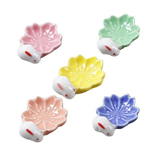 GRIRIW 5Pcs Cherry Blossom Ceramic Chopstick Rack Cute Rabbit Shape Japanese Style Tableware Supplies for Home Decor Elegant Floral Design for Chopsticks Spoons Rest