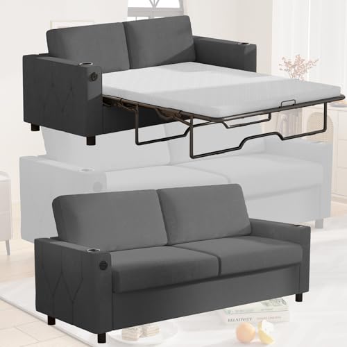 Mjkone Pull Out Sofa Bed, Full Size Sleeper Couch with Memory Foam Mattress, 2-in-1 Convertible Pullout Sofas Beds with Cup Holders, USB Charging for Living Room Home Office, Dark Grey