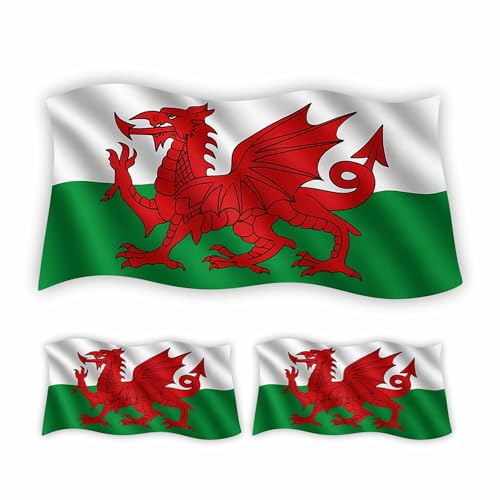 Welsh Flag Stickers for Vehicles Laptops and Walls / 3 Pack (1 Large 16x10cm and 2 Small 8x5cm) / Premium Gloss Finish Wipeable Weatherproof/Clear Removeable Adheisive/External Use /
