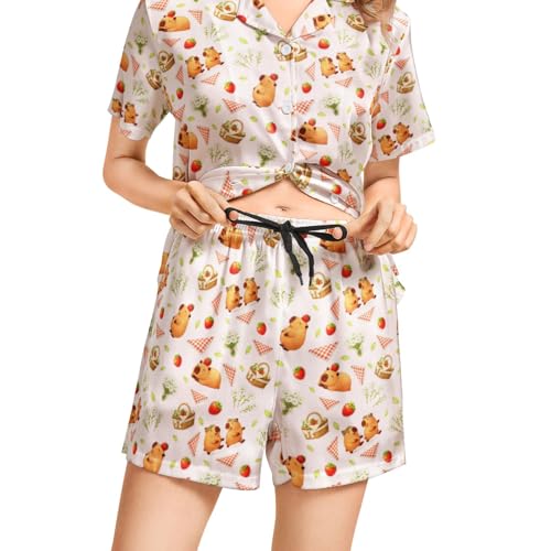 Image of Funny Pajamas for Women Set Print Satin Loungewear Pjs Short Sleeve Button Down Top and Shorts Sets Sleepwear XS-3XL