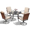 MELLCOM 5-Piece Outdoor Dining Set, 4 Swivel Leather-Look Chairs with Cushions & 42'' Round Dining Table with Umbrella Hole, Patio Furniture Set for Porch, Beige