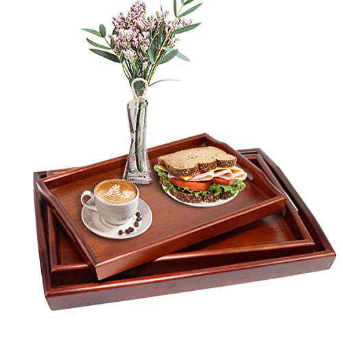 Reliancer Set of 3 Large Wooden Serving Trays w/Handles Nesting Breakfast Serving Trays