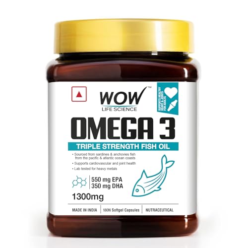 WOW Life Science Omega-3 Fish Oil 1300 mg Triple Strength - 550mg EPA & 350mg DHA for Joints, Heart & Brain Health - 180 Capsules