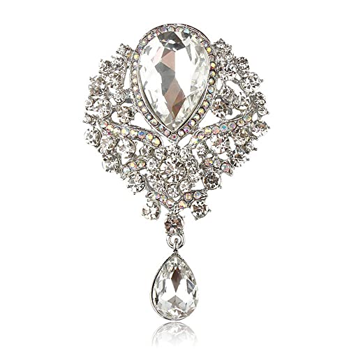 Image of Silver Teardrop Crystal Brooch Pin Wedding Bouquet for Women | rhinestone bridal brooch, solid alloy frame, wearable on dress, scarf & bouquet, elegant jewelry for wedding party brides