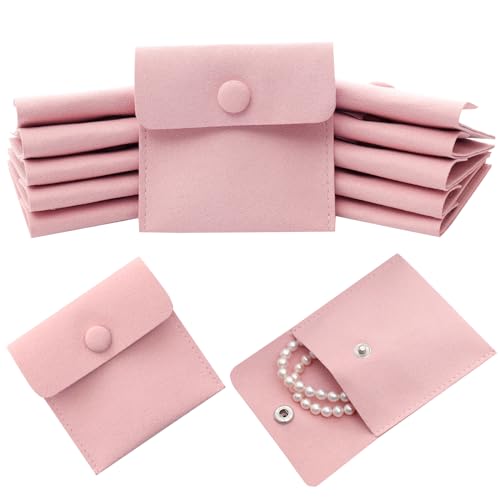 Heliltd Sacchetti per gioielli in microfibra, 8 x 8 cm, 12 sacchetti per imballaggio, piccoli sacchetti regalo, stile mini busta con bottone a pressione (rosa)