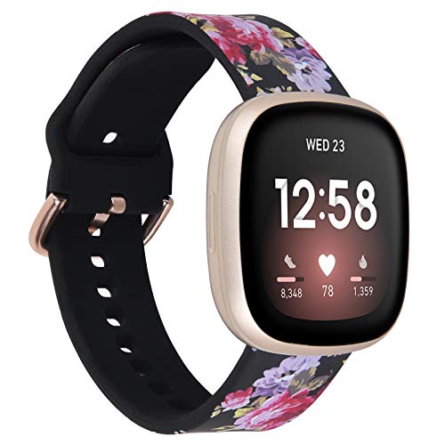 QINGQING Compatible with Fitbit Versa 3/Fitbit Sense Bands for Women Girls, Soft Silicone Fadeless Pattern Printed Replacement Floral Bands for Fitbit Versa 3/Sense Smart Watch (Pink Rose)
