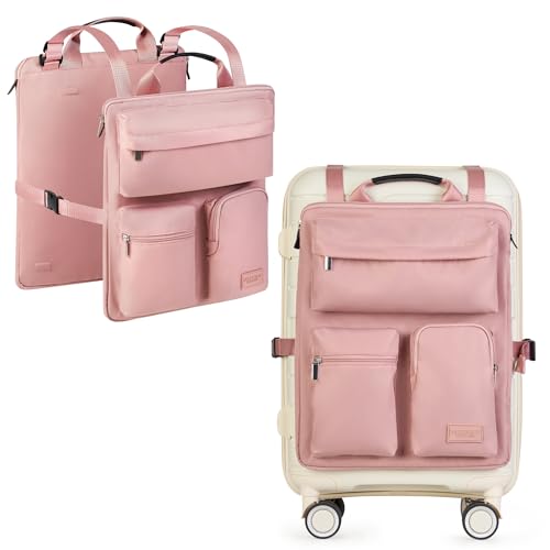 Over Luggage Organizer for Carry On Bag or Suitcase with Storage Pockets, 16” Laptop Sleeve with Handle, Travel Accessories Bag, Slide On Luggage Harness with Adjustable Straps (Pink)