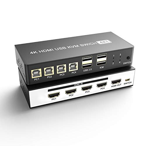 Yeemie KVM Switch HDMI 4 Port Box, USB KVM Switch 4 in 1 Out HDMI Splitter 4k@60Hz for PC Printer Scanner Mouse Keyboard with 4 Pack USB Male Cable and One Button Switch.