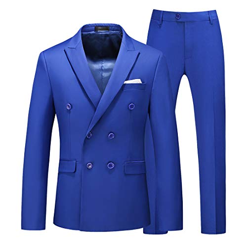 Mens Suits 2 Piece Double Breasted Tuxedo Jacket & Pants, Royal Blue, 38
