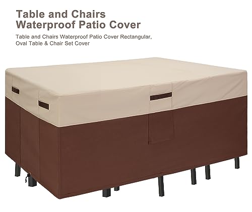 Elextyle Waterproof Patio Table Covers For Rectangle Table And 4-6 Chairs 96''L X 70''W X 32''H Brown/Beige Outdoor Rectangular/Oval Windproof Patio Dinning Set Covers #TOP2