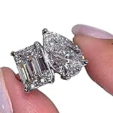 Phoenixjewel 2 Ct Pear & Emerald Cut Diamond Double Stone Solitaire Engagement Classic Ring 2 Stone Toi Et Moi Wedding Ring 14K White Gold Plated 925 Silver Two Stone Ring Women Jewelry Gift For Her