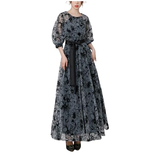 [SHIHATSUSR] パーティードレス ワンピース イブニングドレス オケージョンドレス ロング丈 ハイウエスト 七分袖 リボン 黒 体型カバー 結婚式 上品 大きいサイズ お呼ばれ フォーマルドレス おしゃれかわいい 着痩せL - SHIHATSUSR - 商品画像