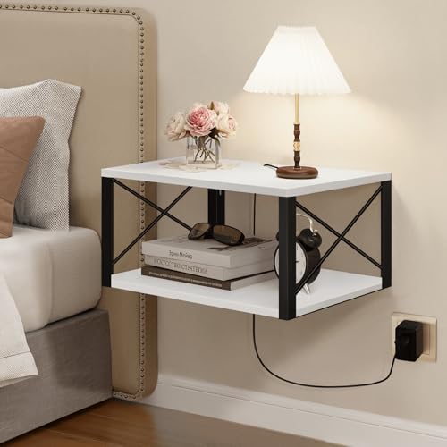Homode Floating Night Stand, Modern Bedside Shelf Wall Mount, Wood Hanging Nightstand with Wire...