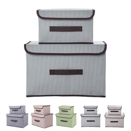 フタ付き 収納ボックス 蓋付き 折り畳み 布製 大容量 持ち運び 防塵通気性 耐久 省スペース 多用途収納 現代風 おしゃれ 36*23*24cm/25*19*16cm（ブルーストライプ） [並行輸入品]