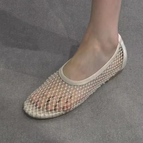 Mesh Ballet Flats for Women Round Toe Ballerina Genuine Leather Woven Fishnet Pearl Slip On Shoes Comfy Casual Office Daily3